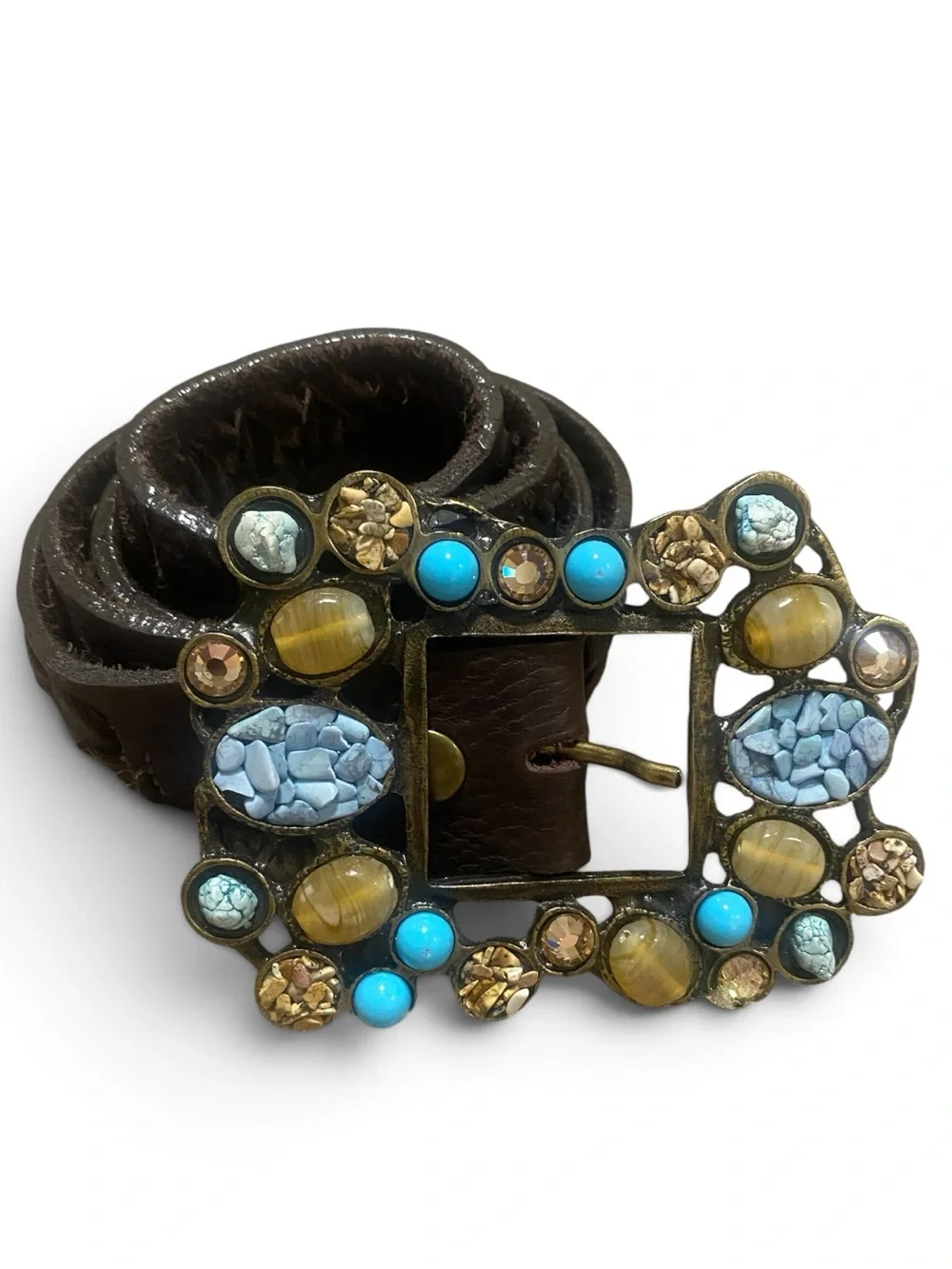 Leatherrock western turquoise stone statement brown leather belt 32